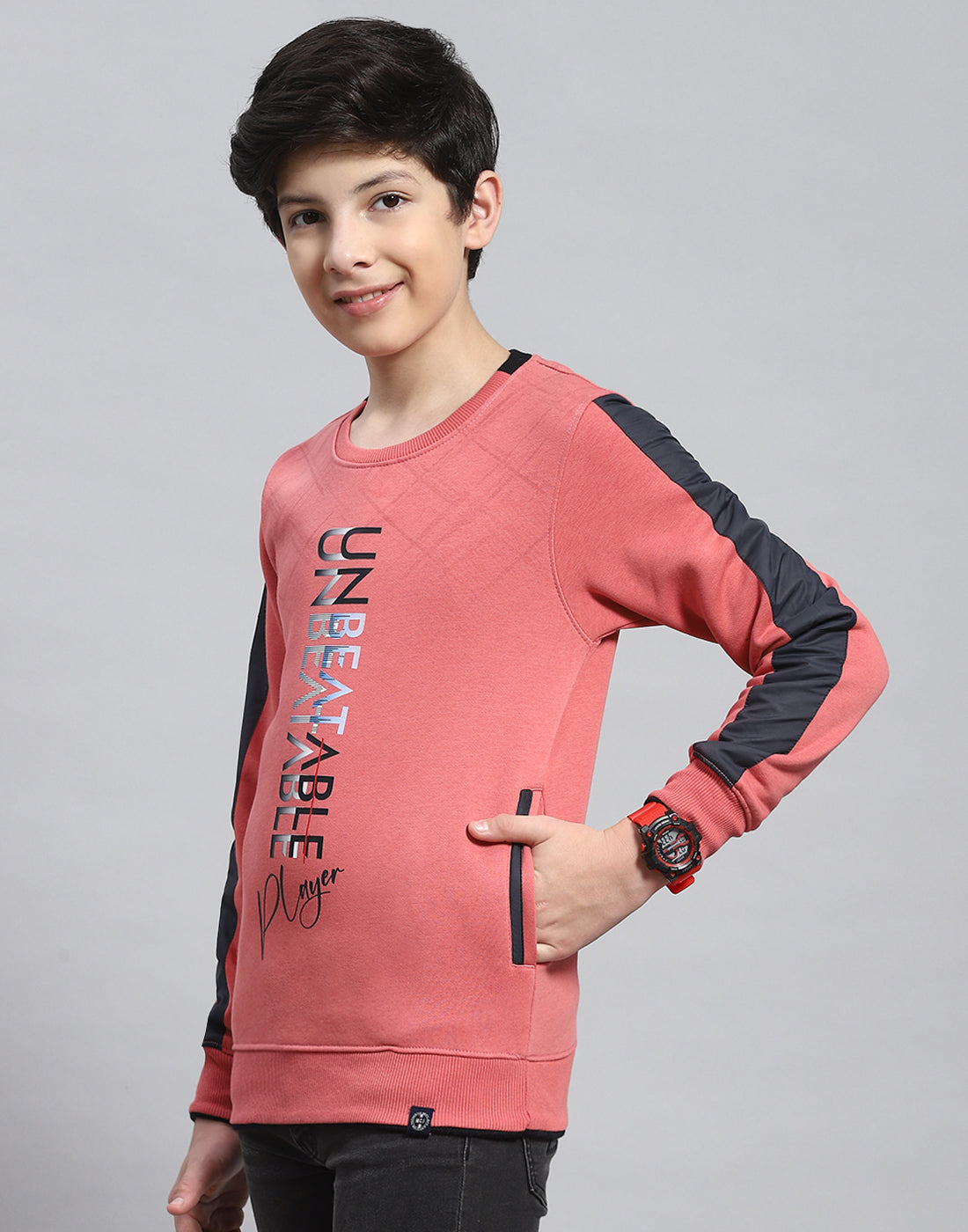 Boys Pink Printed Round Neck Full Sleeve Sweatshirt