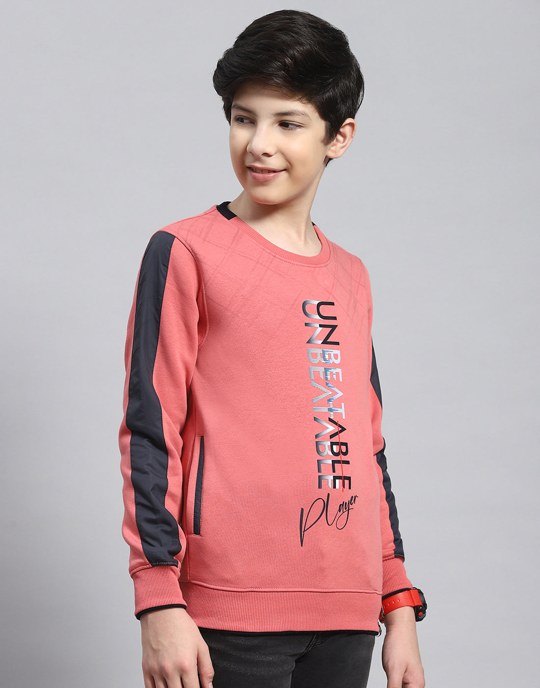 Boys Pink Printed Round Neck Full Sleeve Sweatshirt