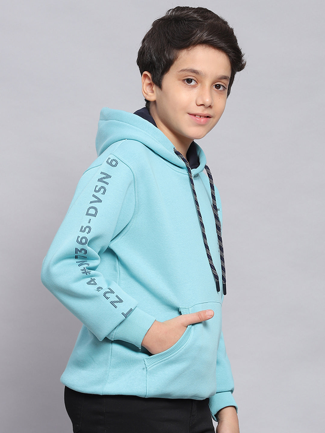 Boys Blue Printed Hooded Full Sleeve Sweatshirt
