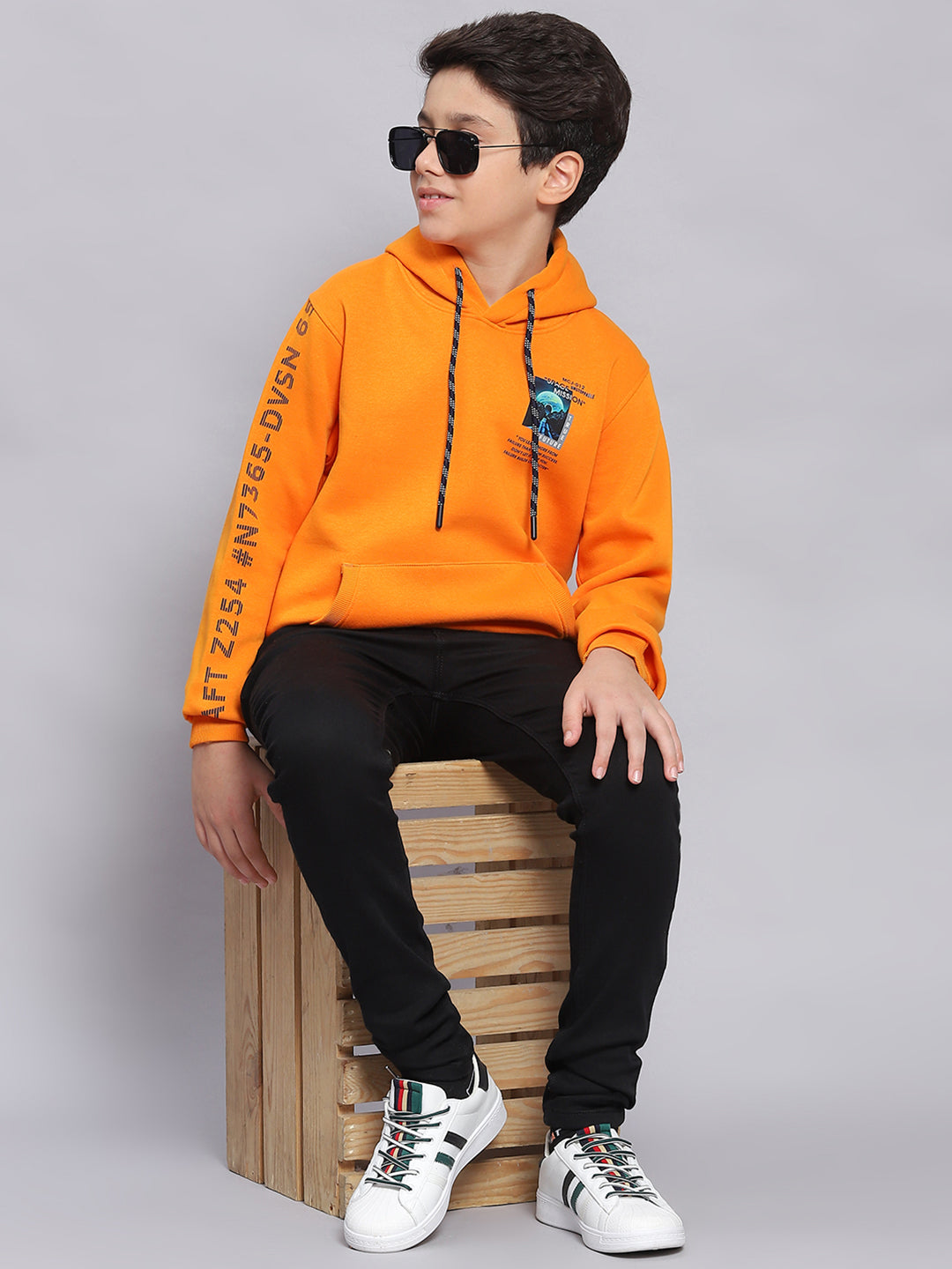 Boys Orange Printed Hooded Full Sleeve Sweatshirt