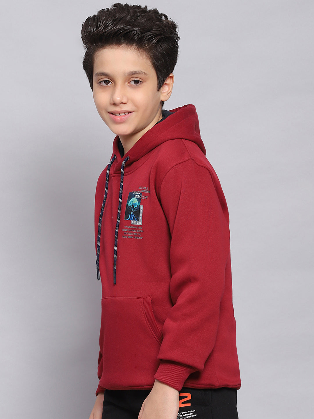 Boys Maroon Printed Hooded Full Sleeve Sweatshirt
