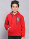 Boys Red Printed Hooded Full Sleeve Sweatshirt