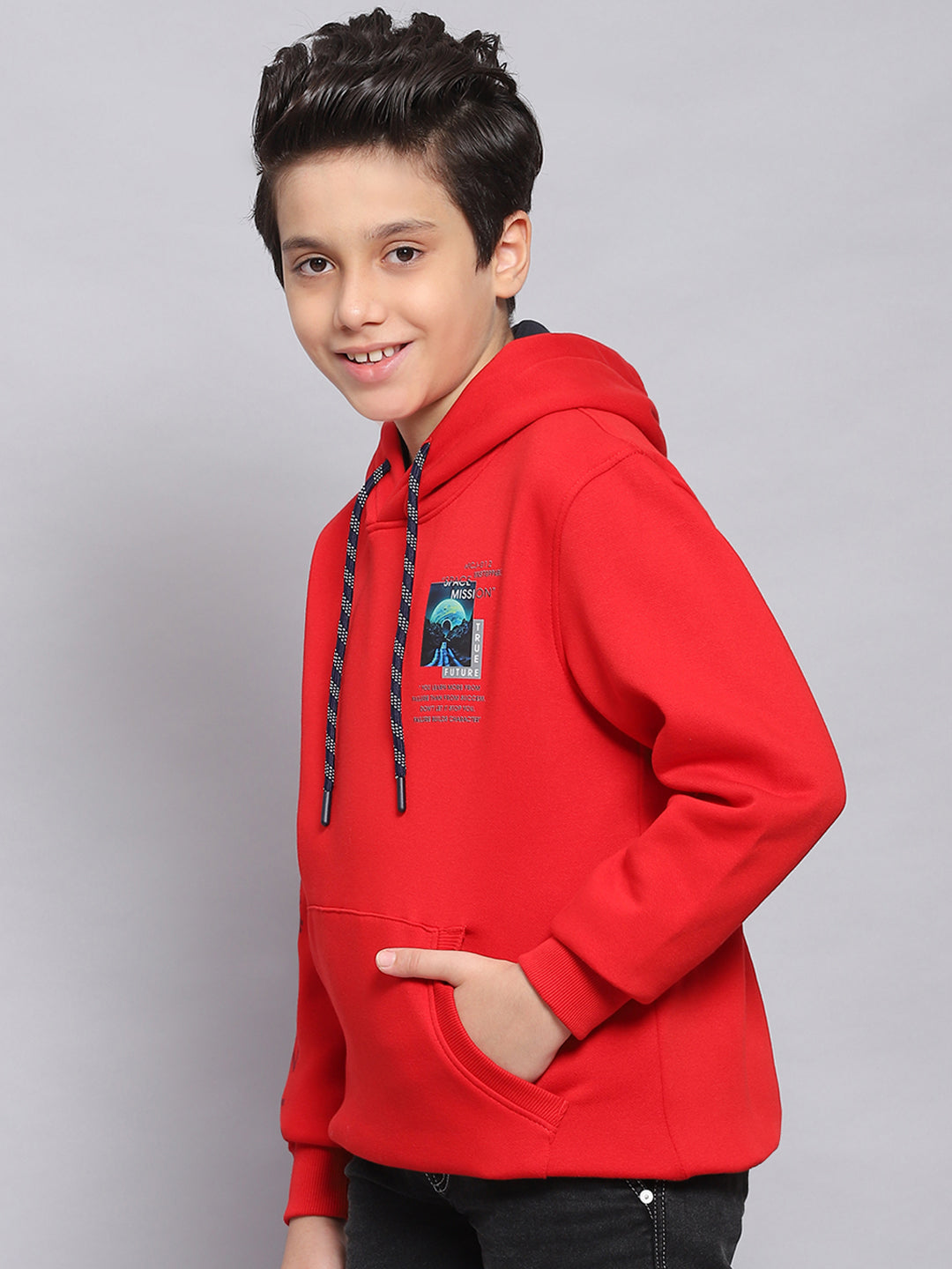 Boys Red Printed Hooded Full Sleeve Sweatshirt