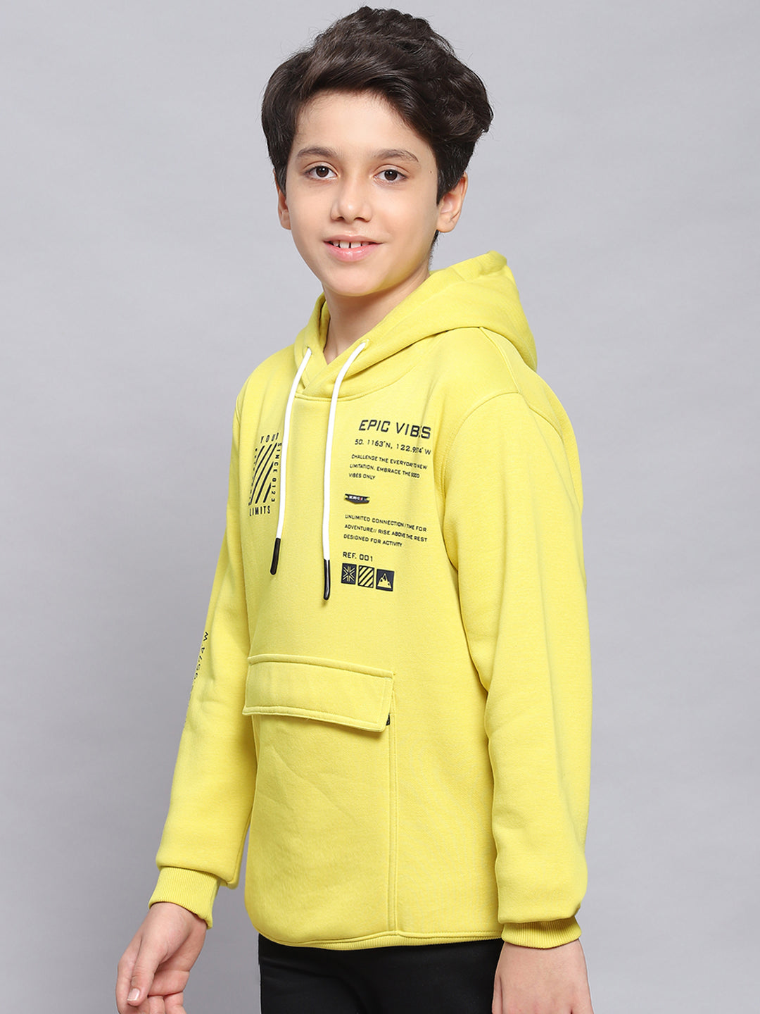 Boys Yellow Printed Hooded Full Sleeve Sweatshirt