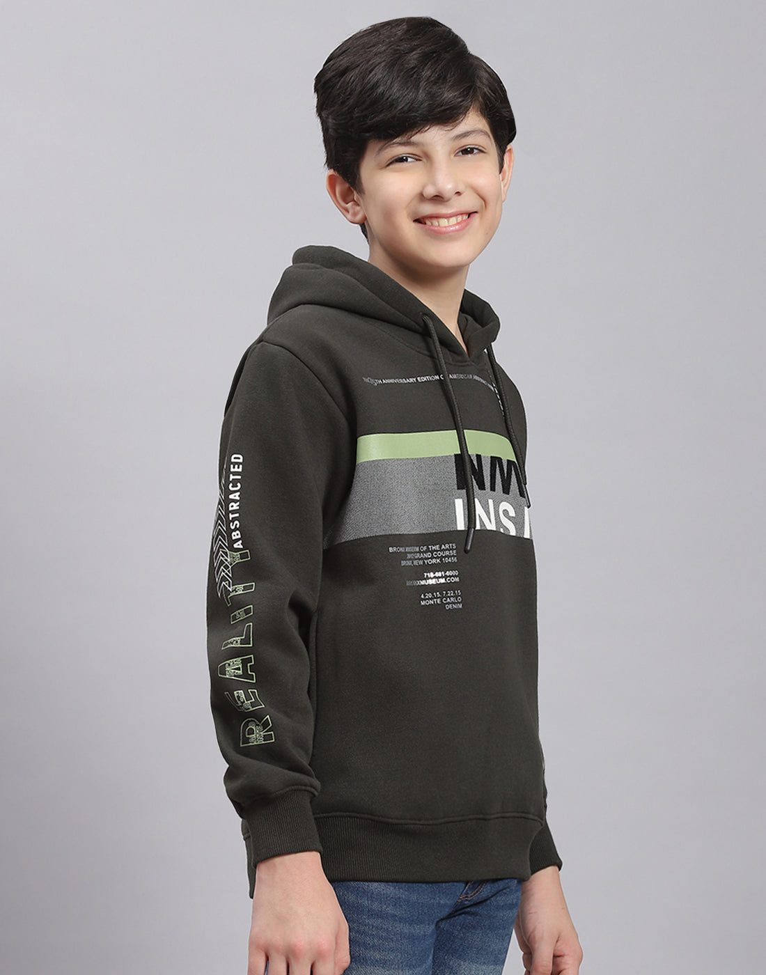 Boys Olive Printed Hooded Full Sleeve Sweatshirt