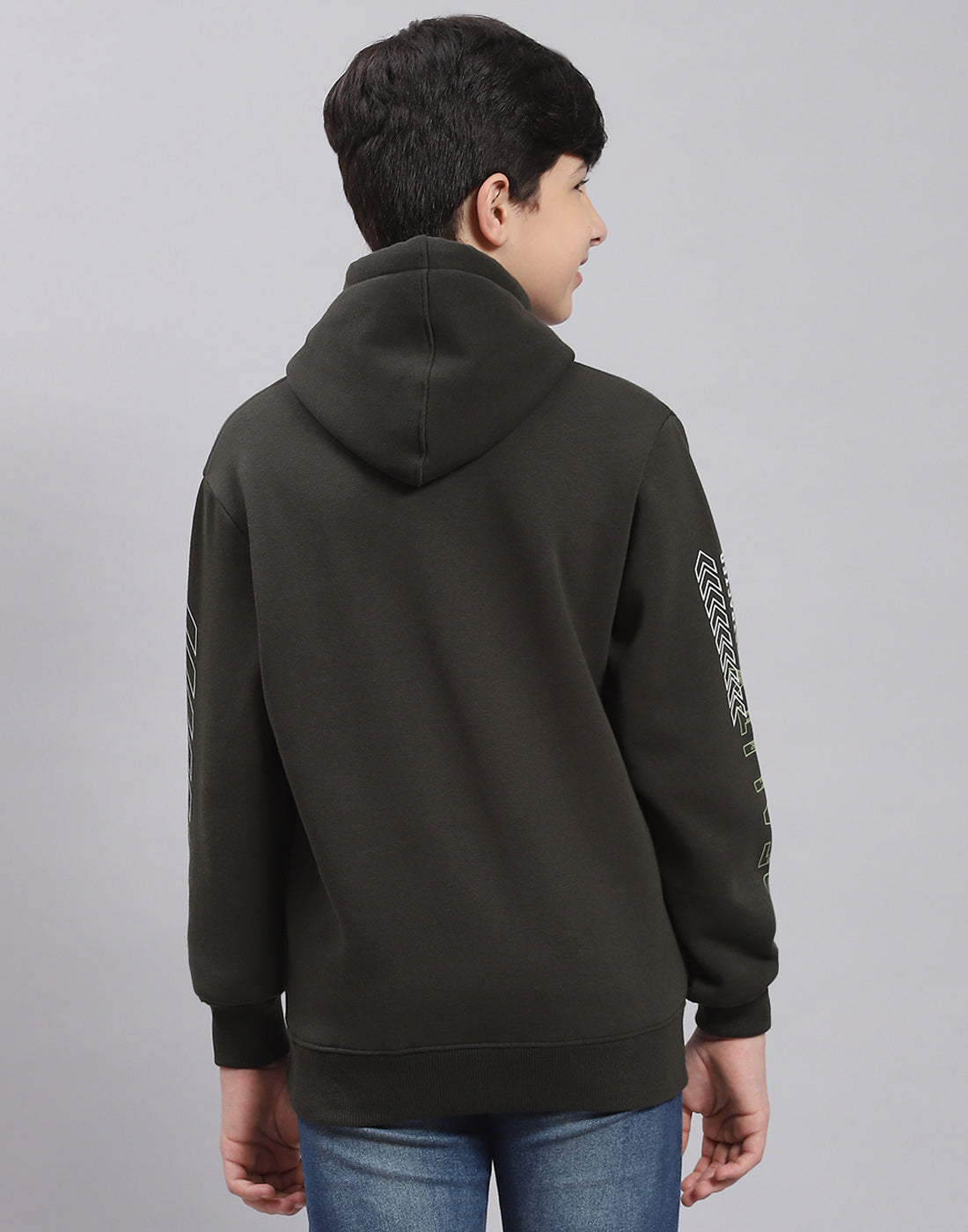 Boys Olive Printed Hooded Full Sleeve Sweatshirt