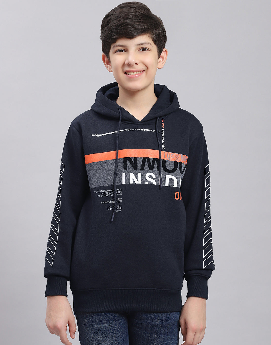 Boys Navy Blue Printed Hooded Full Sleeve Sweatshirt