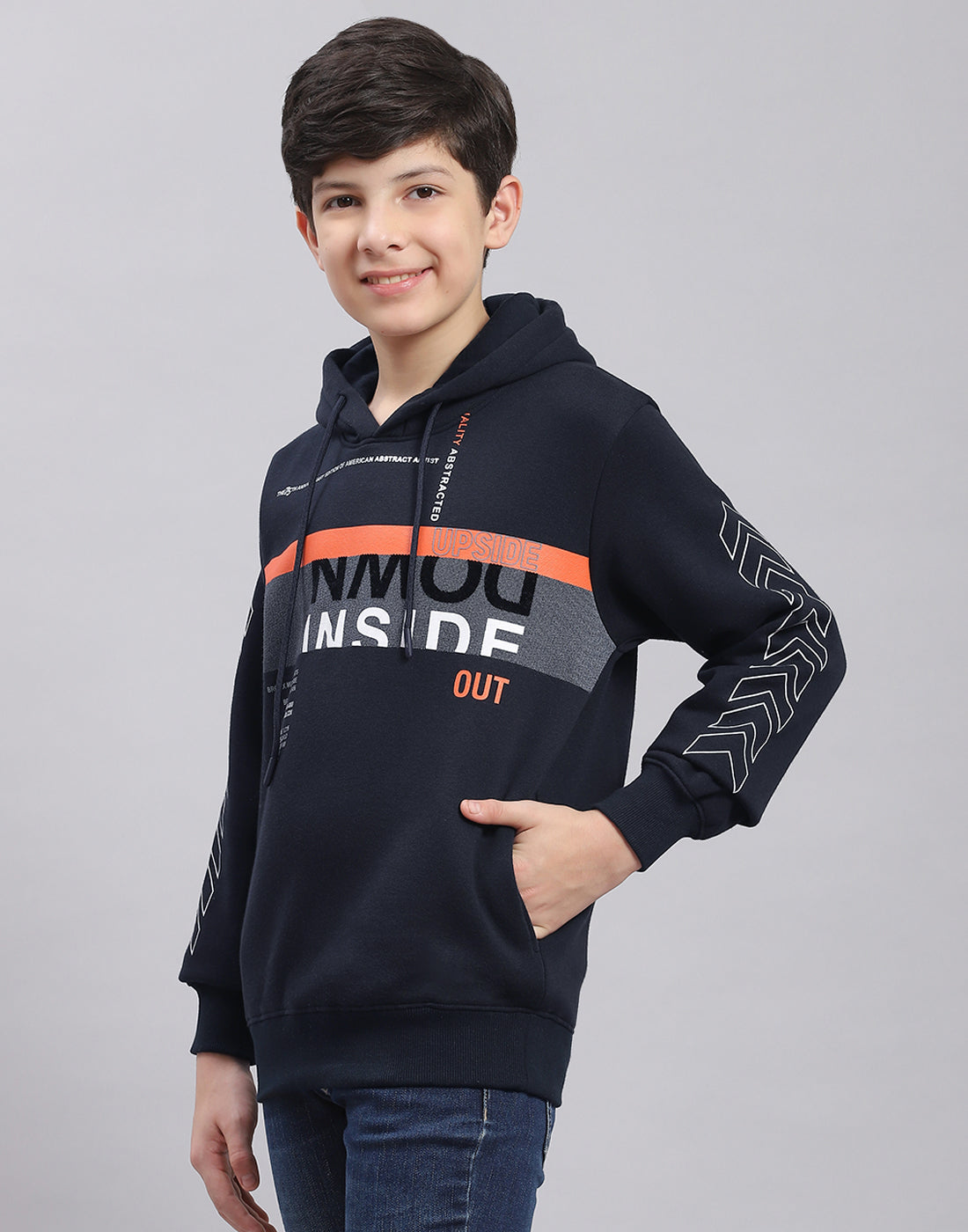 Boys Navy Blue Printed Hooded Full Sleeve Sweatshirt