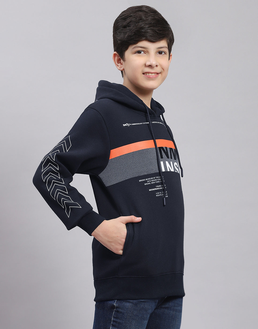 Boys Navy Blue Printed Hooded Full Sleeve Sweatshirt