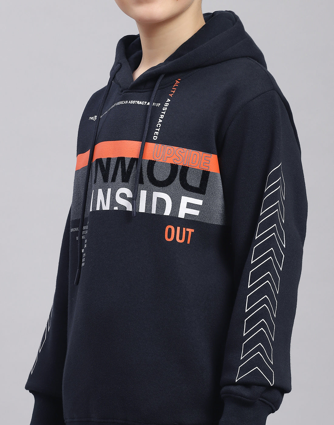 Boys Navy Blue Printed Hooded Full Sleeve Sweatshirt