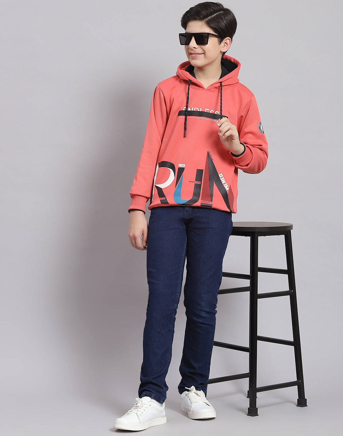 Boys Pink Printed Hooded Full Sleeve Sweatshirt