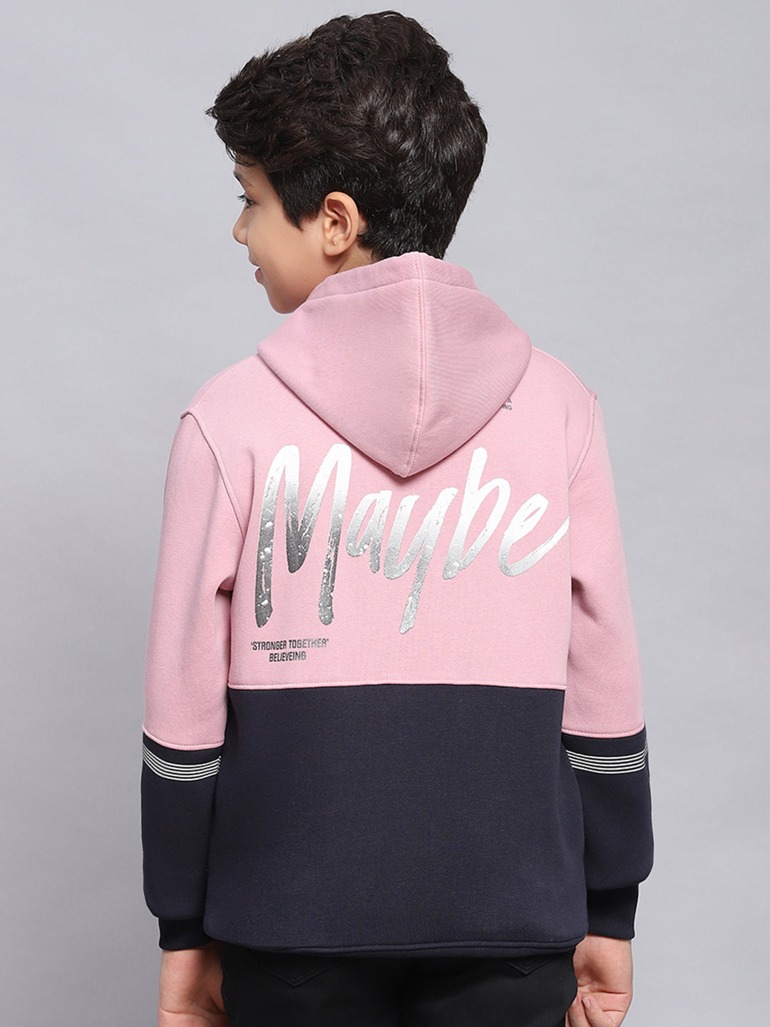 Boys Pink Printed Hooded Full Sleeve Sweatshirt
