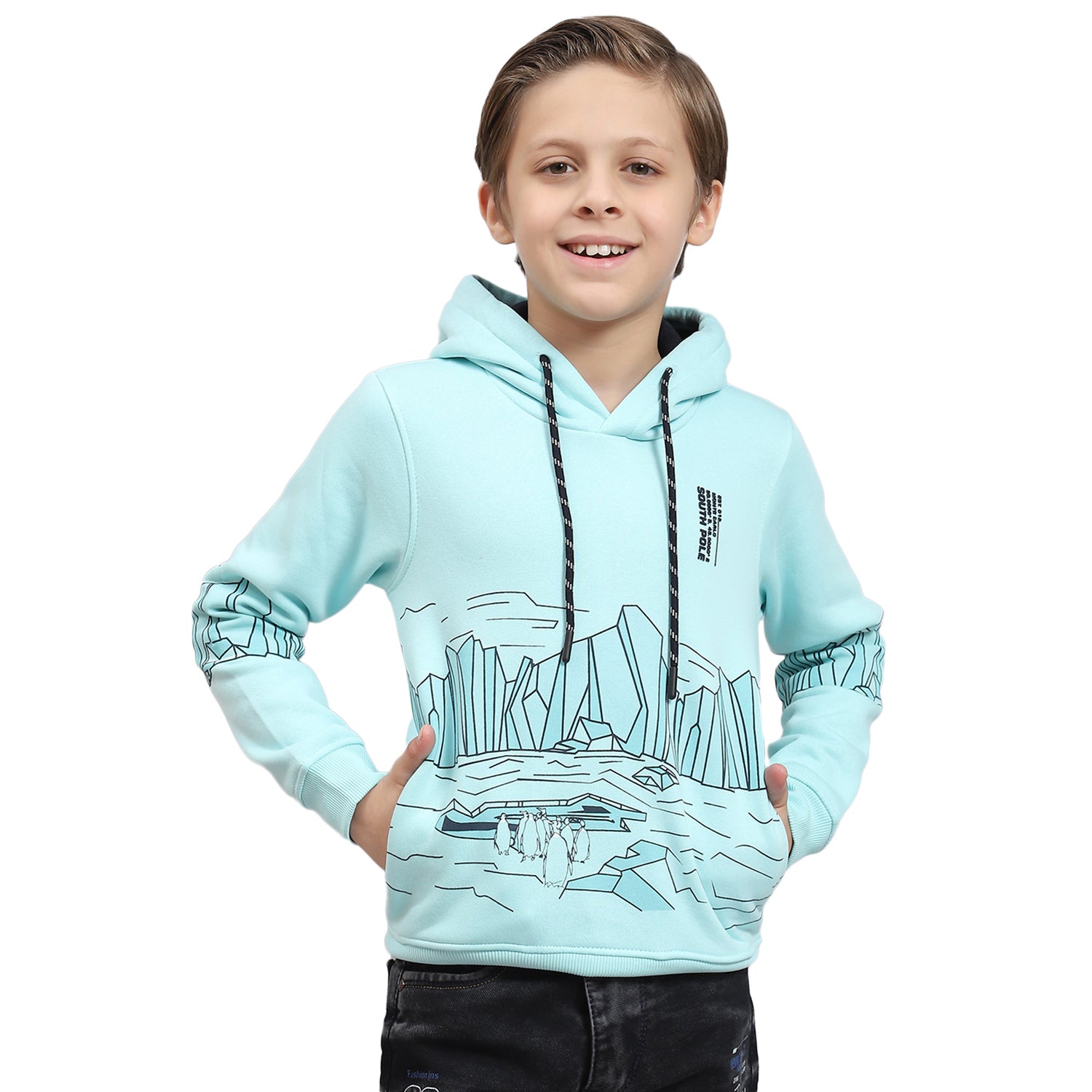 Boys Aqua Blue Printed Hooded Full Sleeve Sweatshirt
