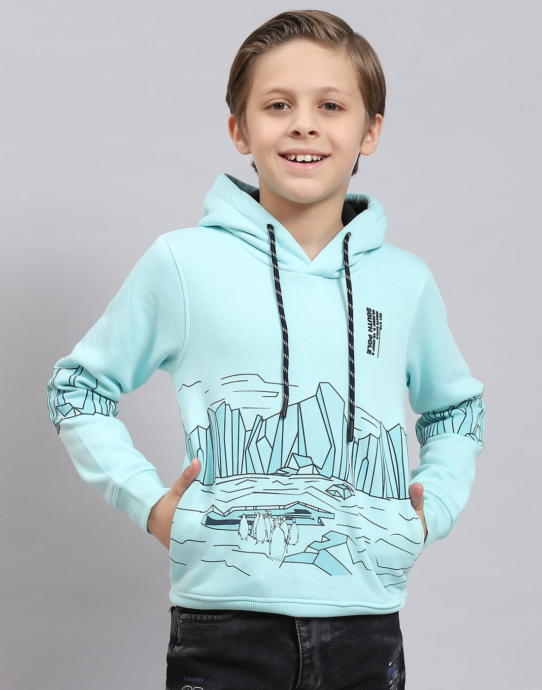 Boys Aqua Blue Printed Hooded Full Sleeve Sweatshirt