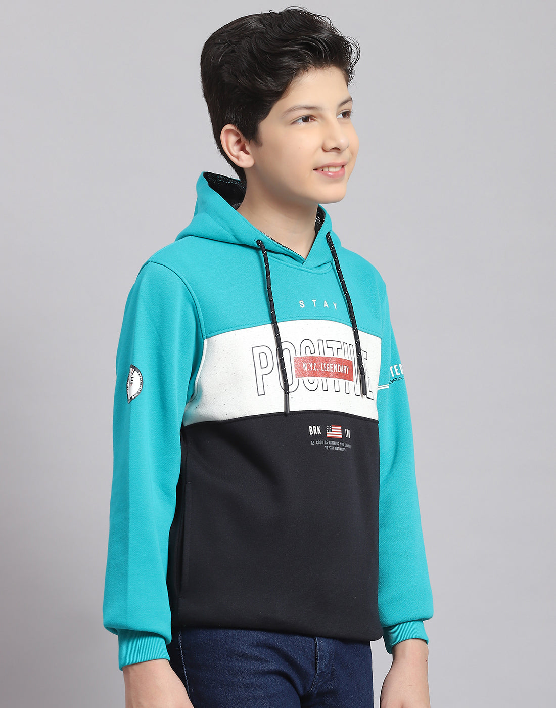 Boys Turquoise Blue Printed Hooded Full Sleeve Sweatshirt