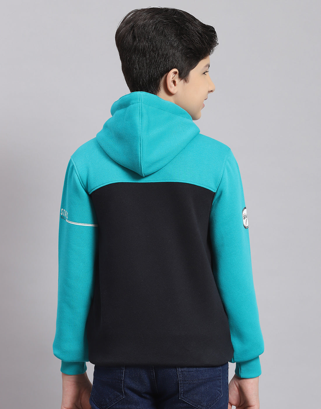 Boys Turquoise Blue Printed Hooded Full Sleeve Sweatshirt