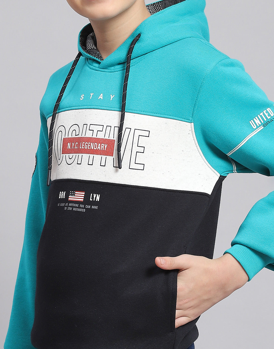 Boys Turquoise Blue Printed Hooded Full Sleeve Sweatshirt