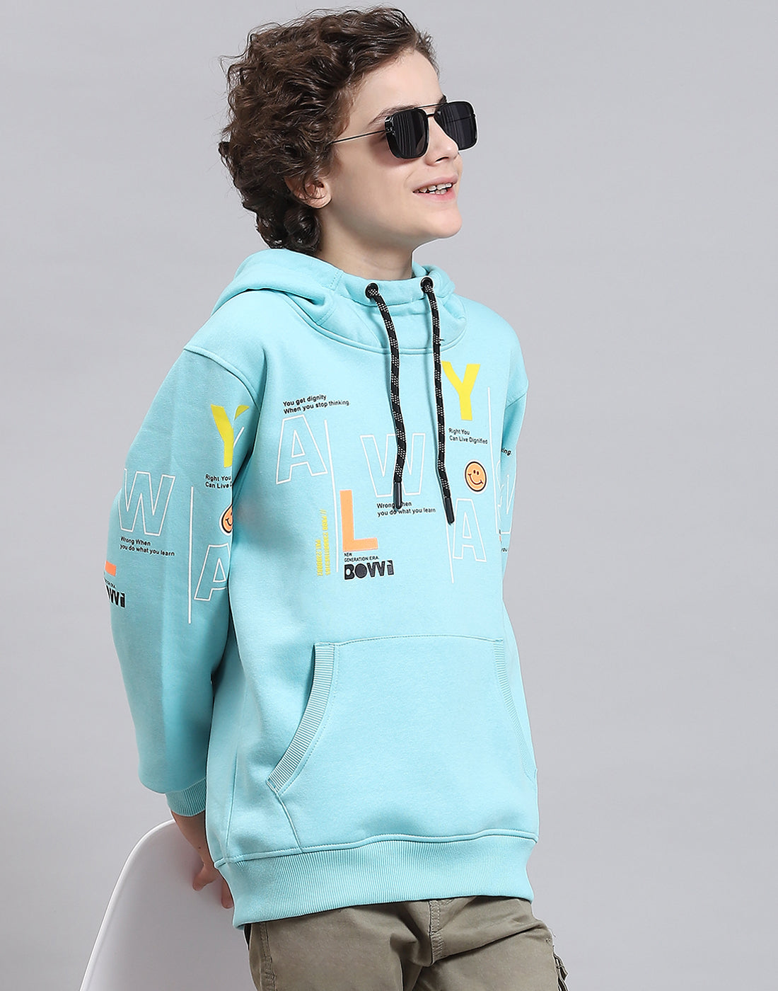 Boys Aqua Blue Printed Round Neck Full Sleeve Sweatshirt