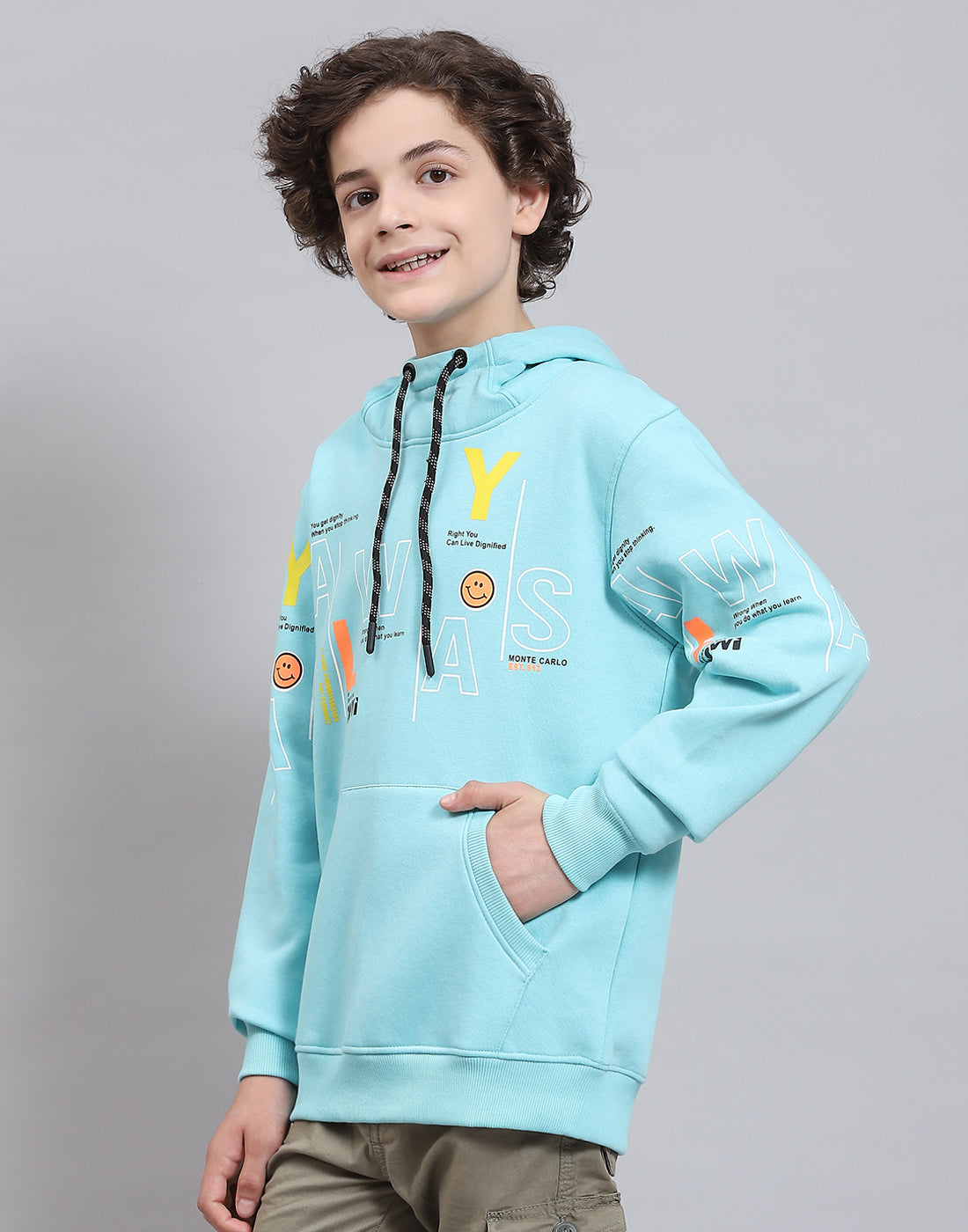 Boys Aqua Blue Printed Round Neck Full Sleeve Sweatshirt