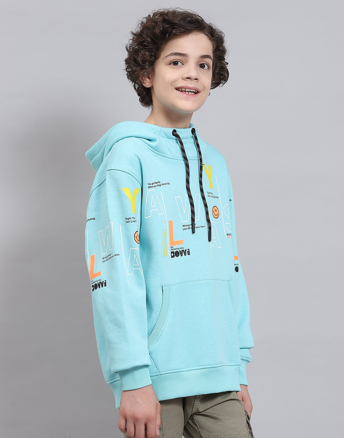 Boys Aqua Blue Printed Round Neck Full Sleeve Sweatshirt