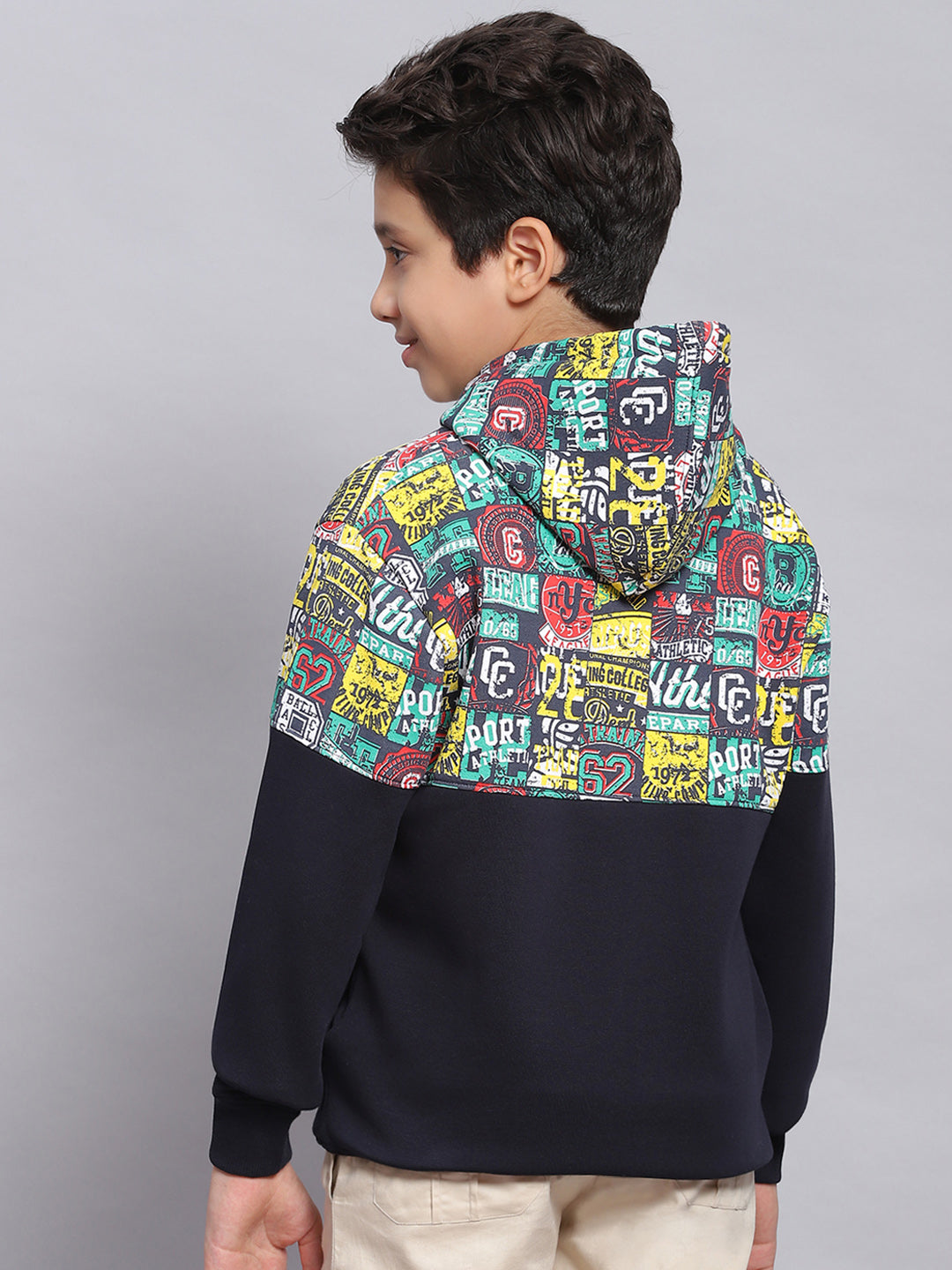 Boys Navy Blue Printed Hooded Full Sleeve Sweatshirt