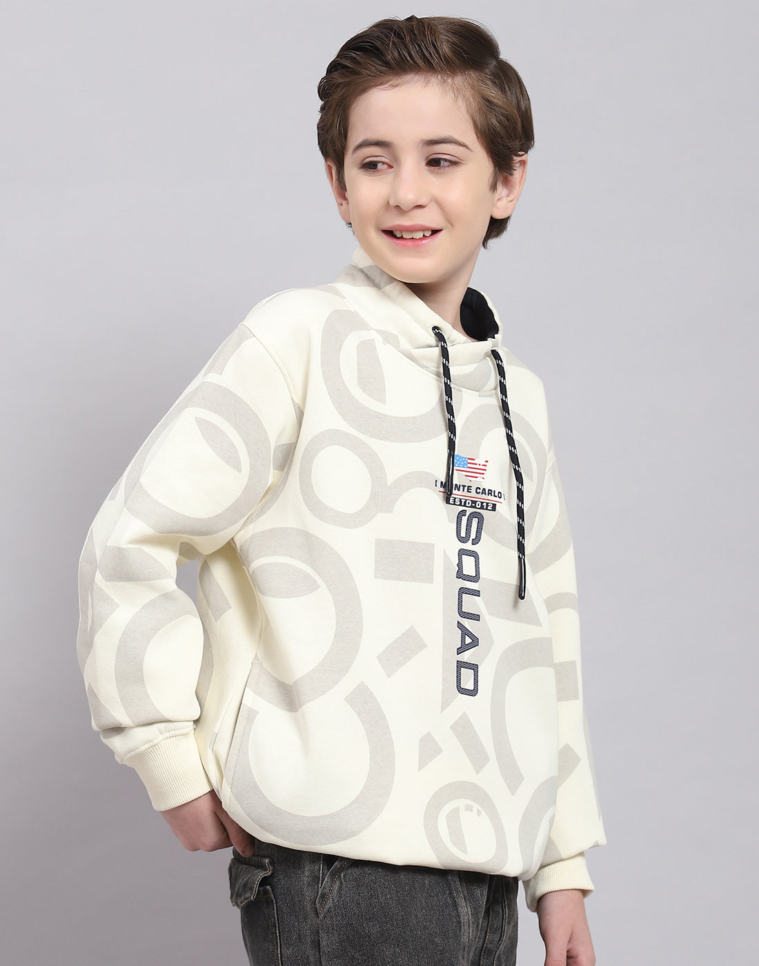 Boys Beige Printed F Neck Full Sleeve Sweatshirt