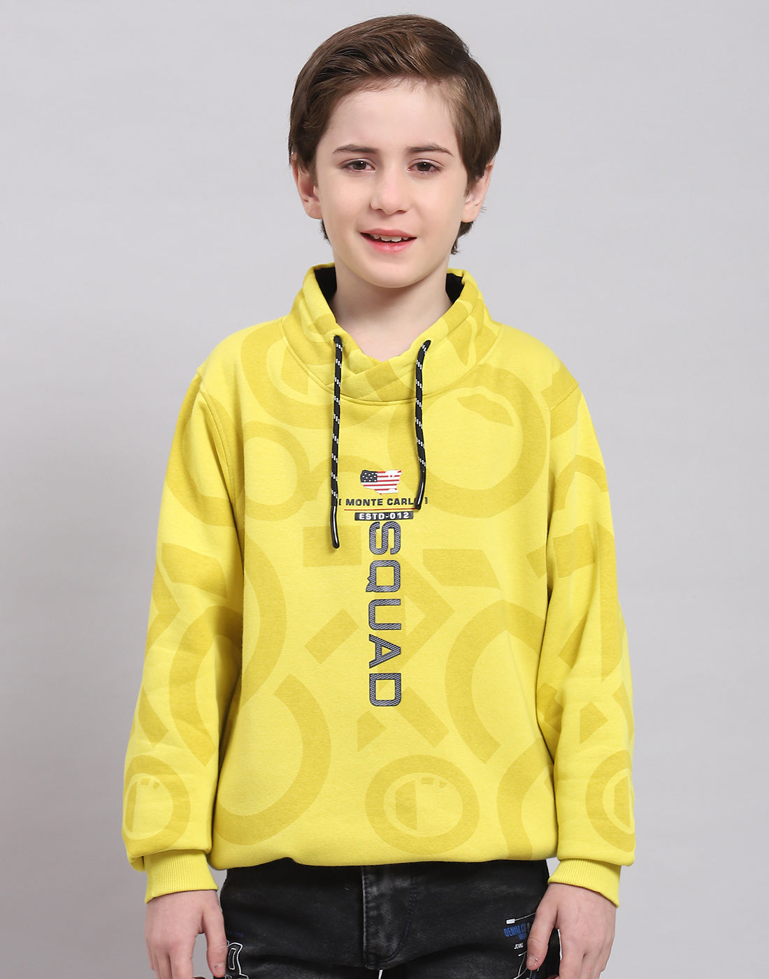 Boys Yellow Printed F Neck Full Sleeve Sweatshirt