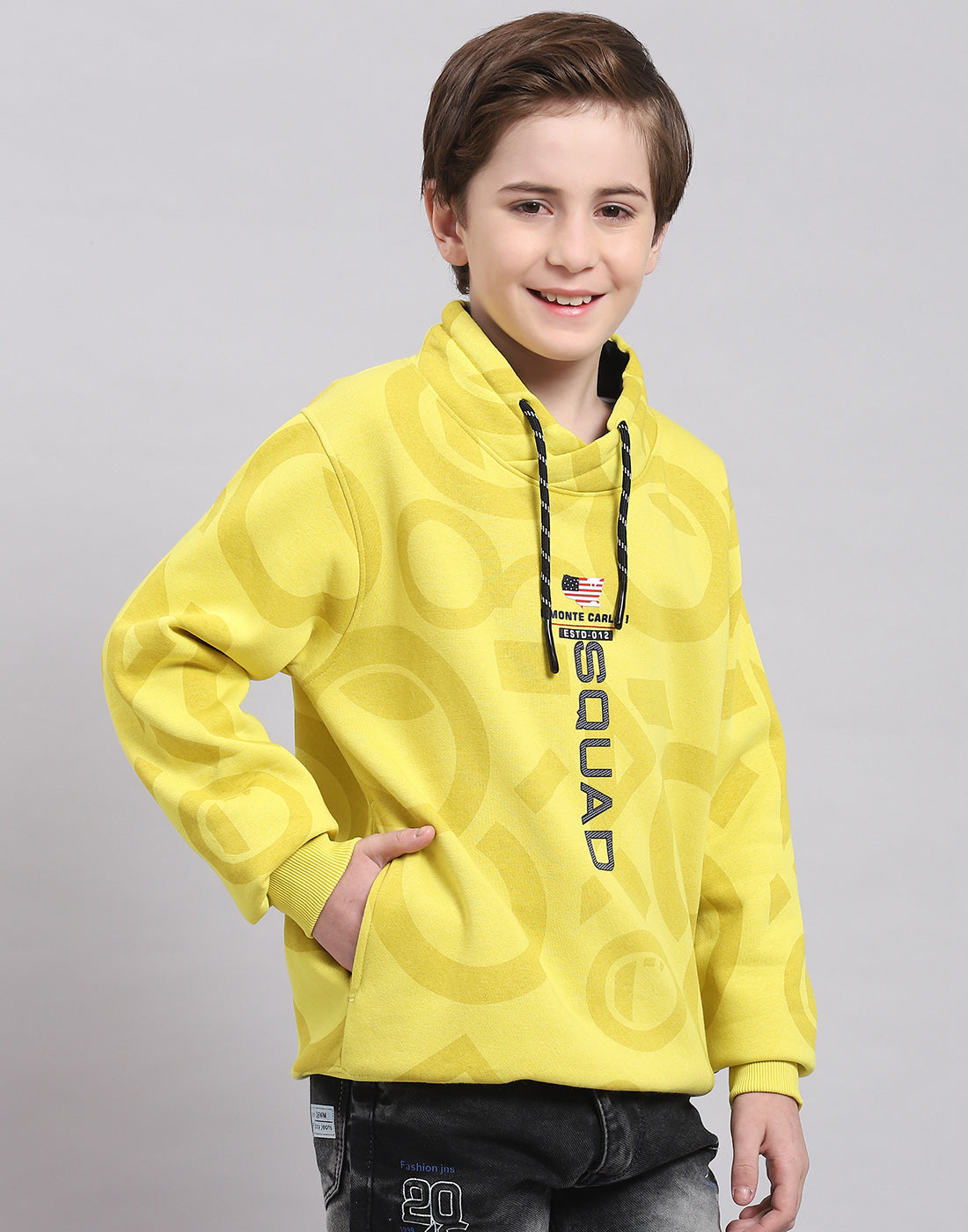 Boys Yellow Printed F Neck Full Sleeve Sweatshirt