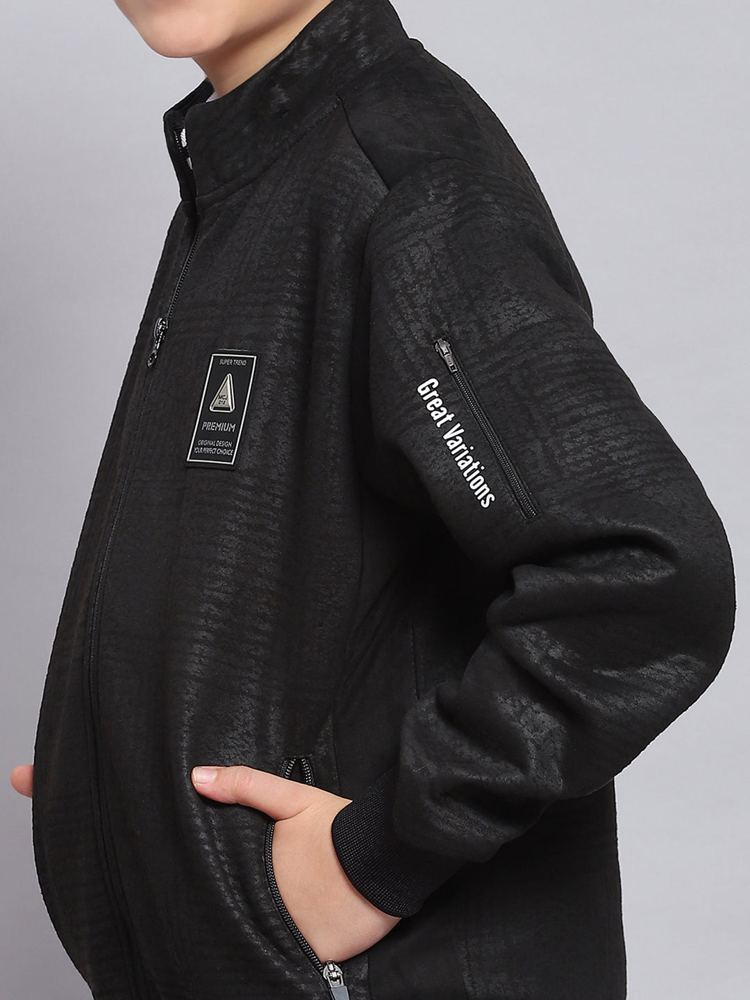 Boys Black Printed Stand Collar Full Sleeve Sweatshirt