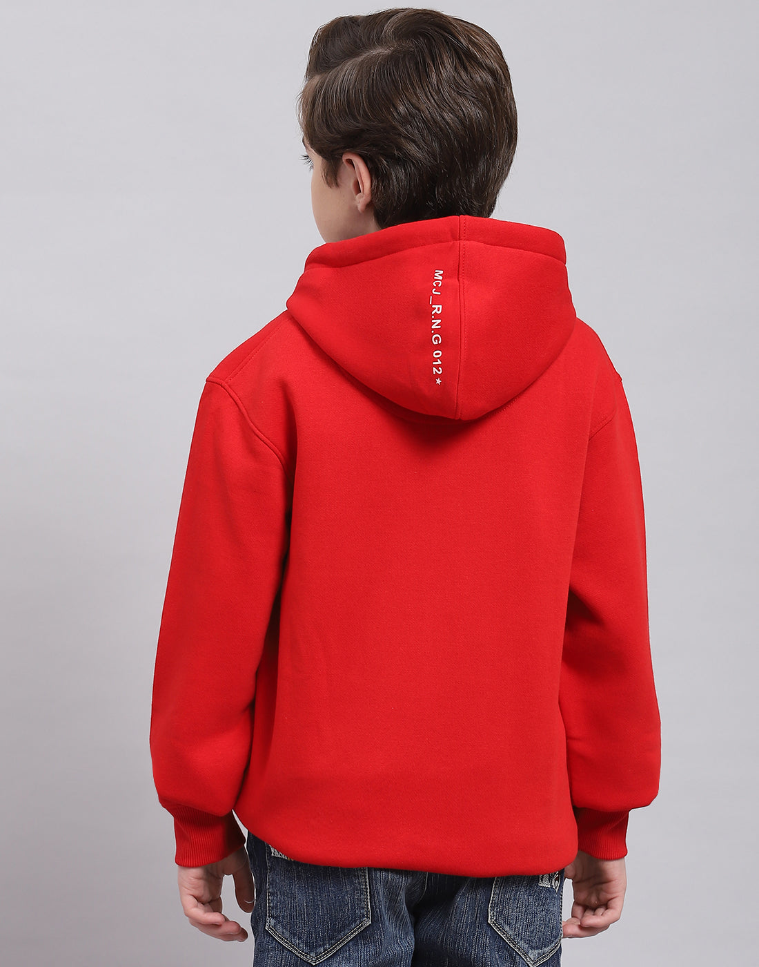 Boys Red Printed Hooded Full Sleeve Sweatshirt