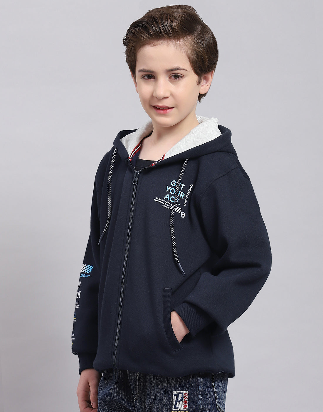 Boys Navy Blue Printed Hooded Full Sleeve Sweatshirt