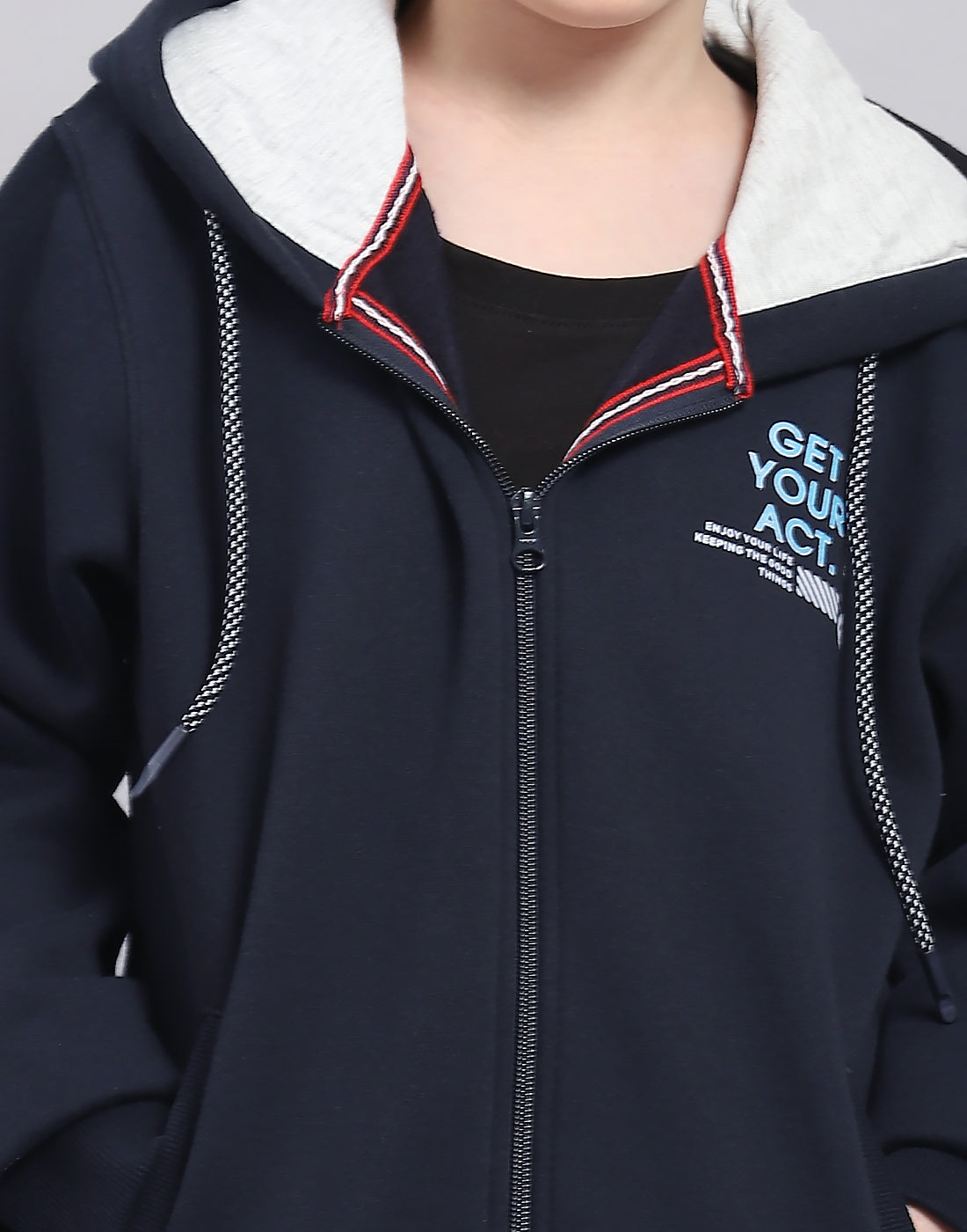 Boys Navy Blue Printed Hooded Full Sleeve Sweatshirt