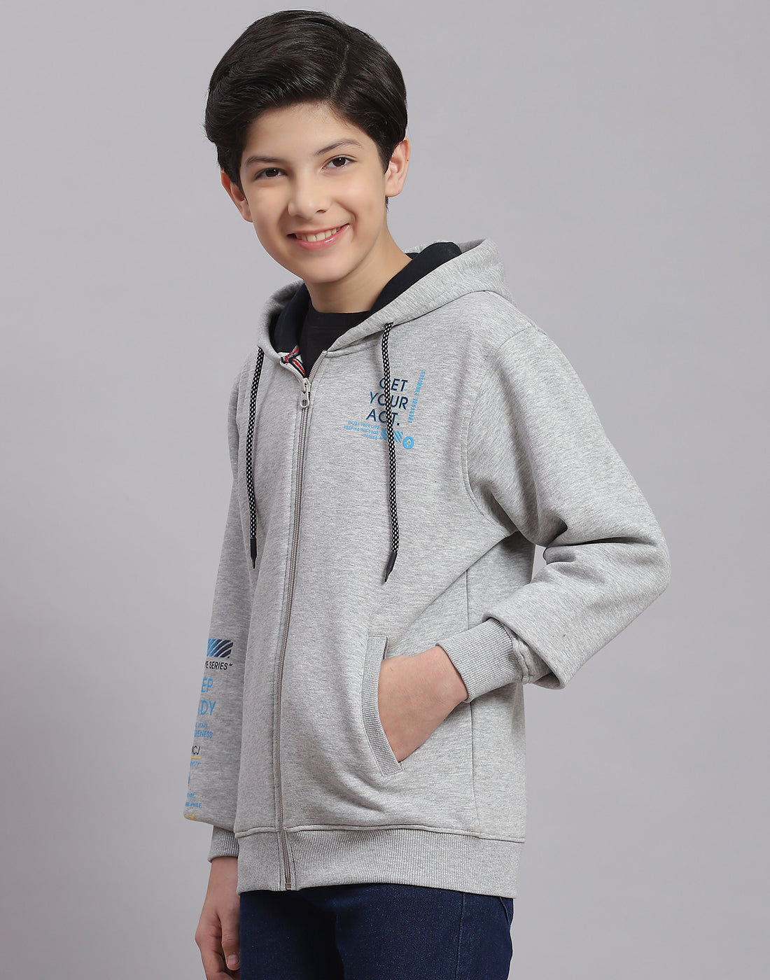 Boys Grey Melange Printed Hooded Full Sleeve Sweatshirt