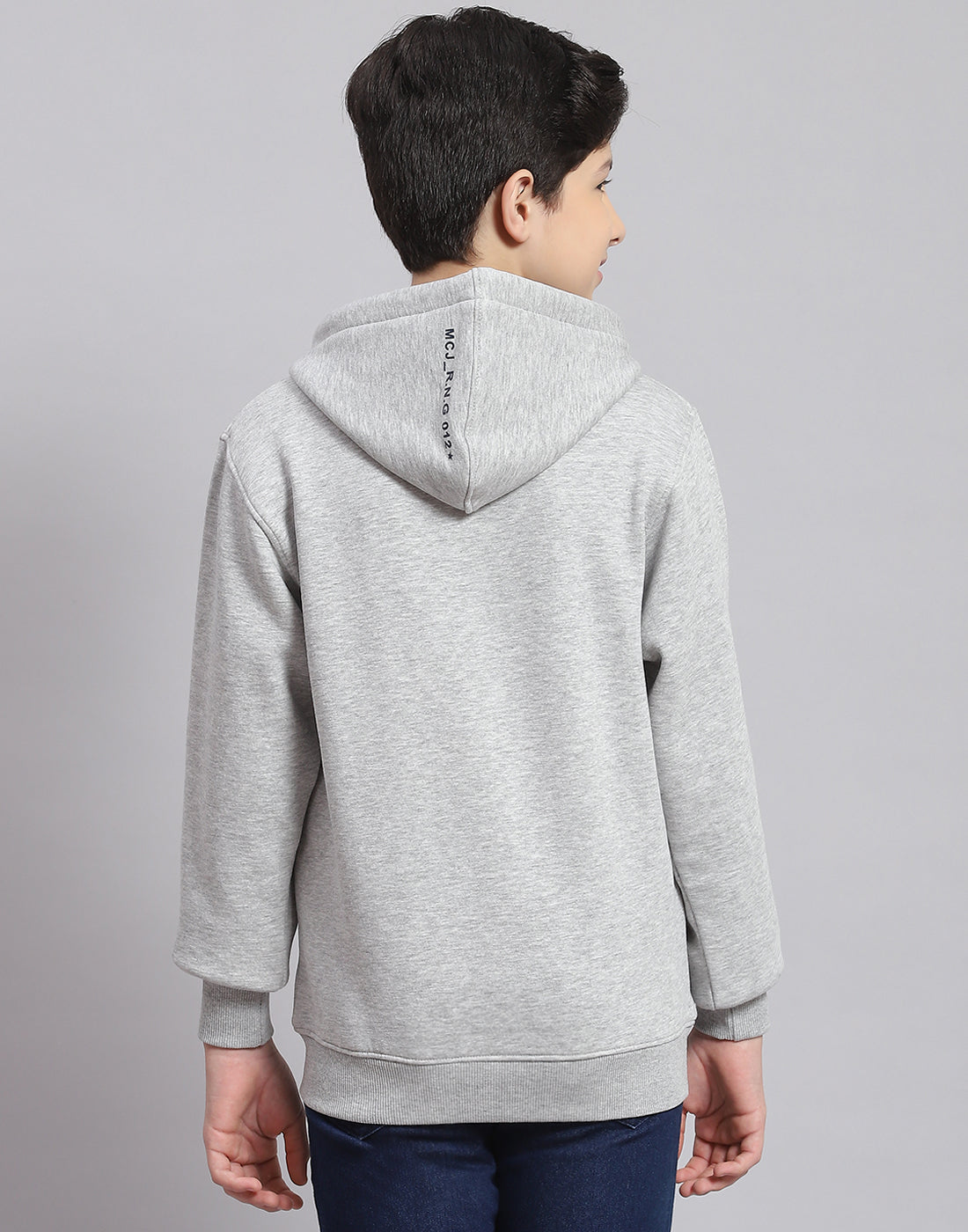 Boys Grey Melange Printed Hooded Full Sleeve Sweatshirt