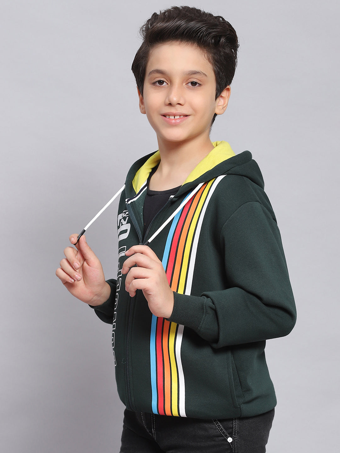 Boys Green Printed Hooded Full Sleeve Sweatshirt