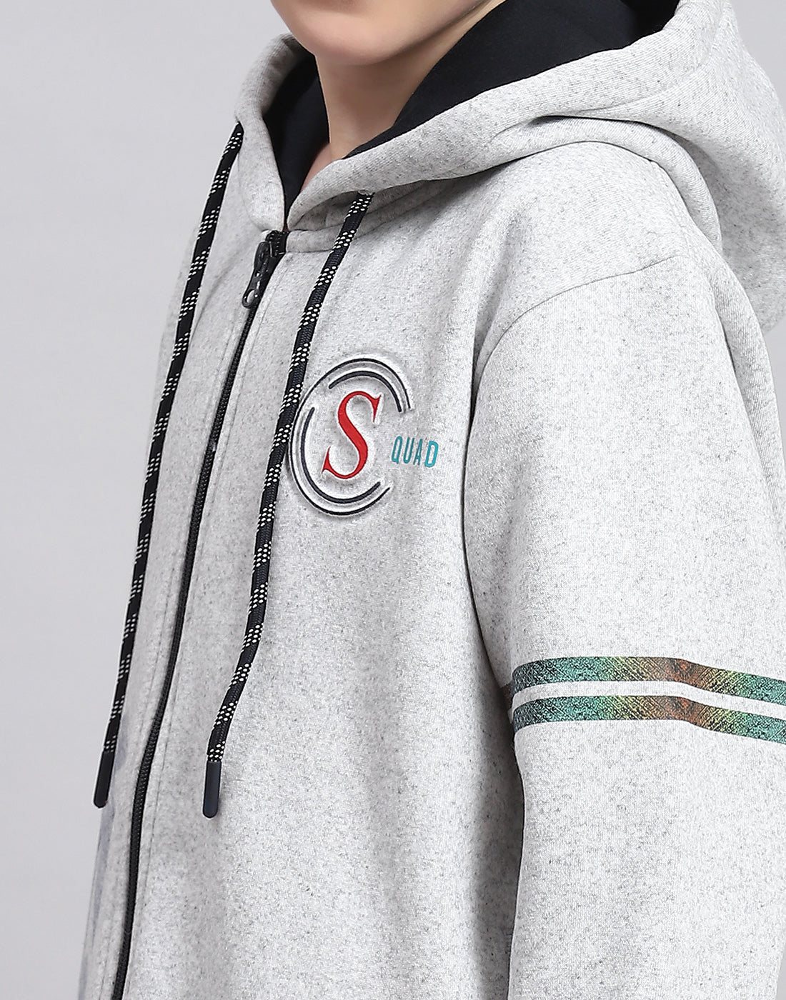 Boys Grey Melange Printed Hooded Full Sleeve Sweatshirt