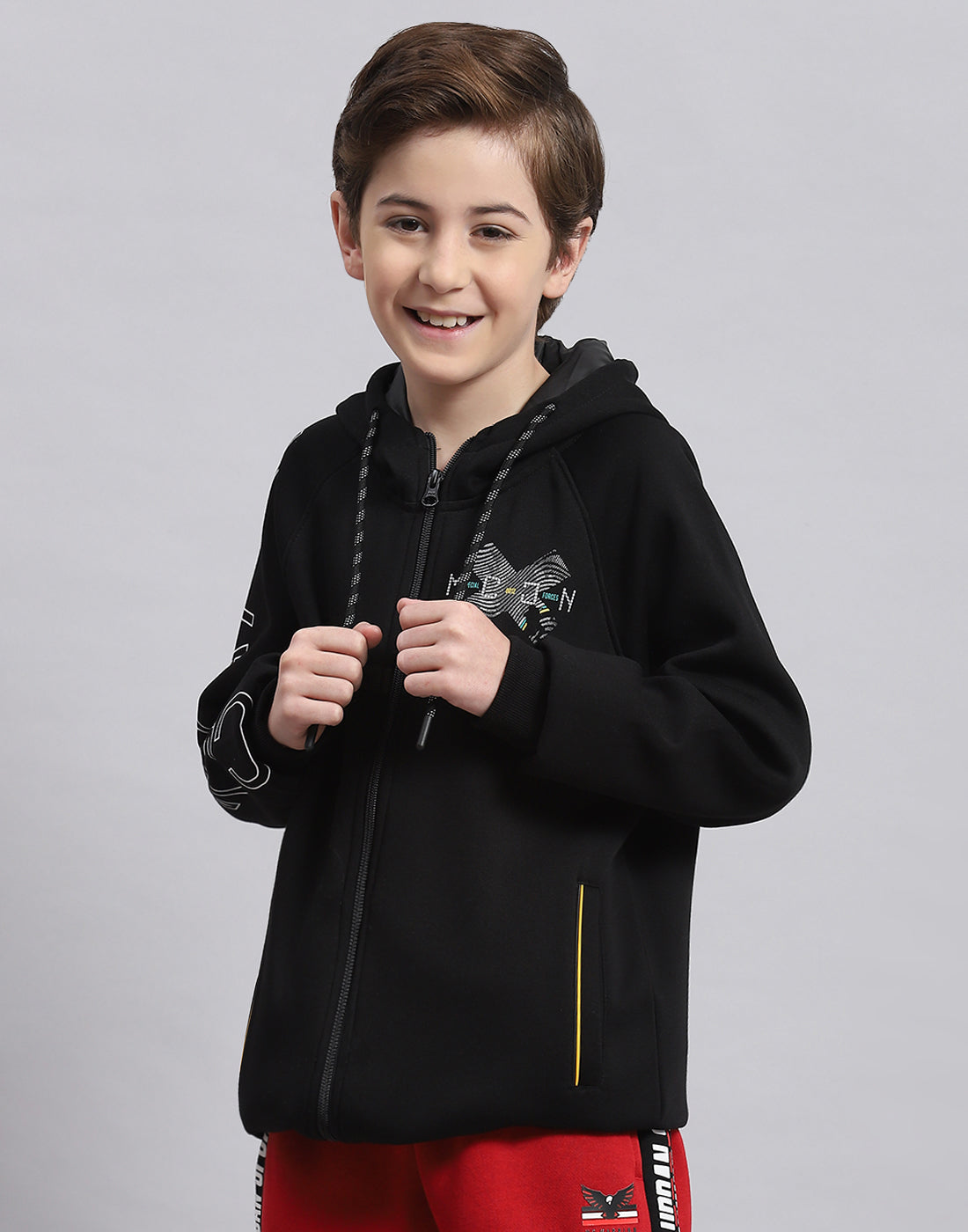 Boys Black Printed Hooded Full Sleeve Sweatshirt