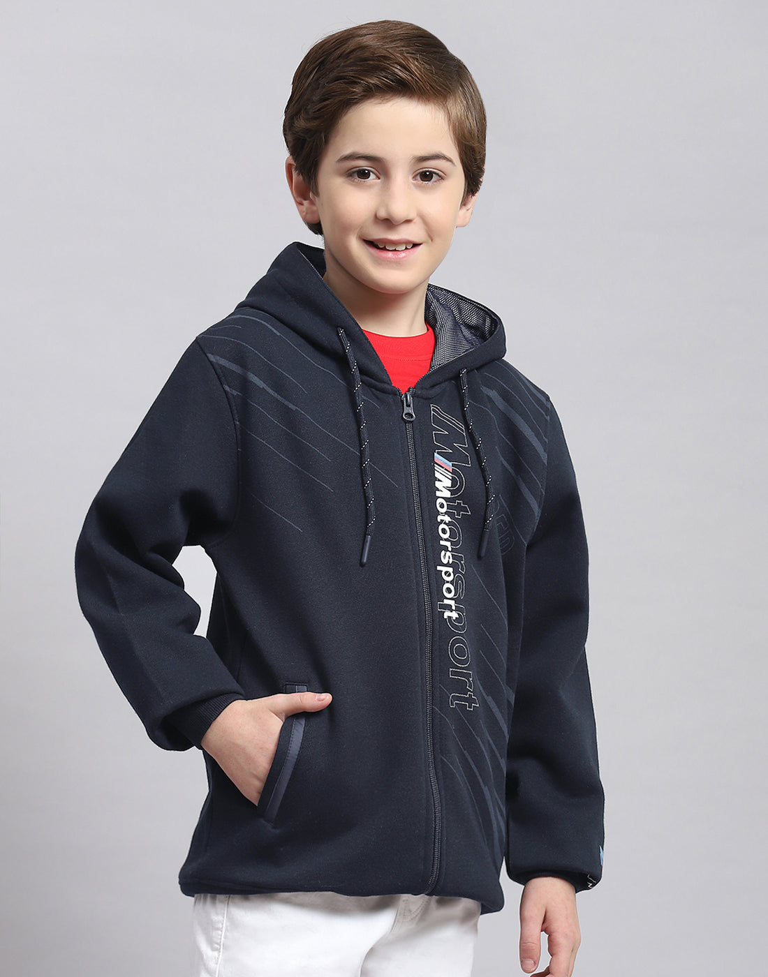Boys Navy Blue Printed Hooded Full Sleeve Sweatshirt