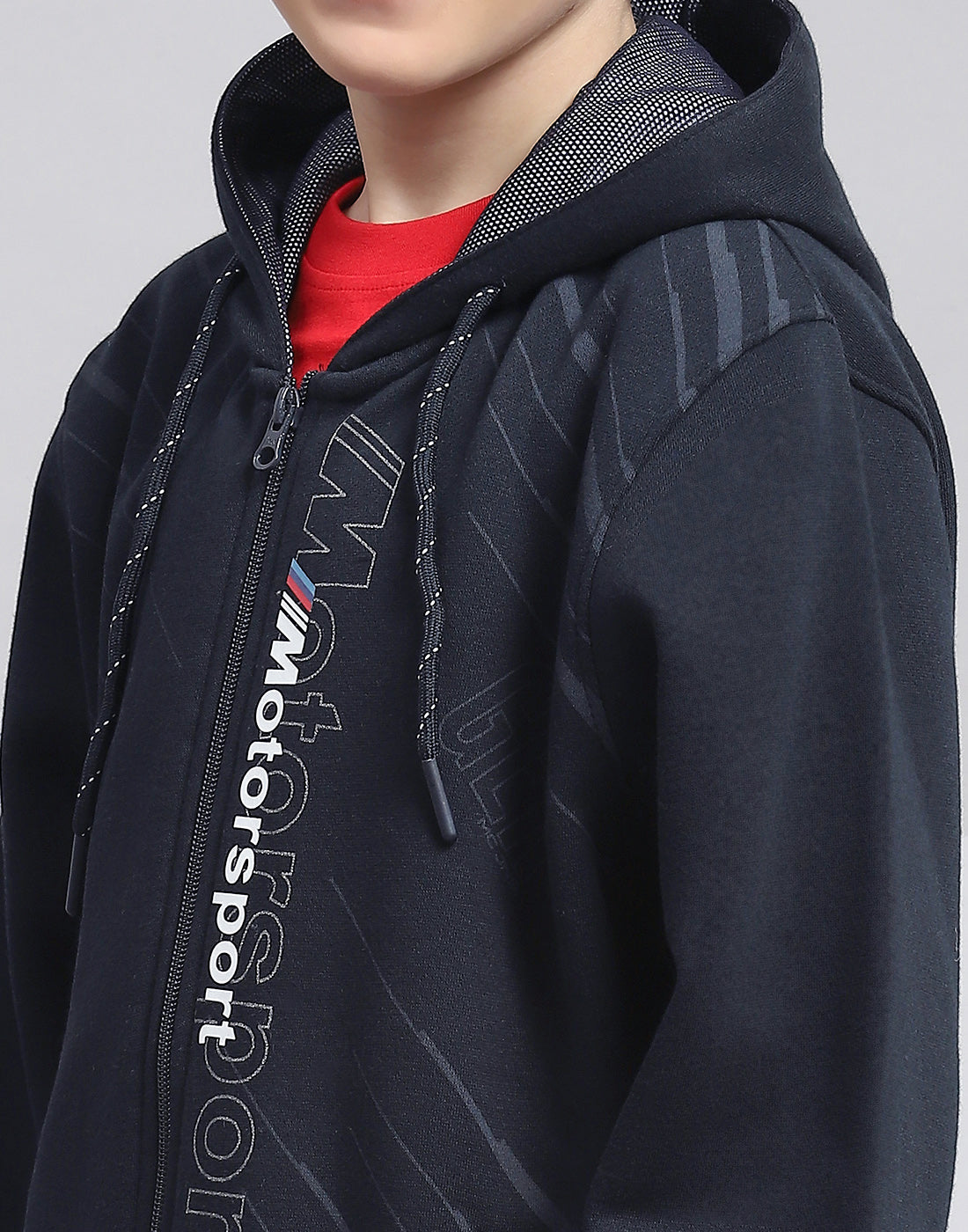 Boys Navy Blue Printed Hooded Full Sleeve Sweatshirt
