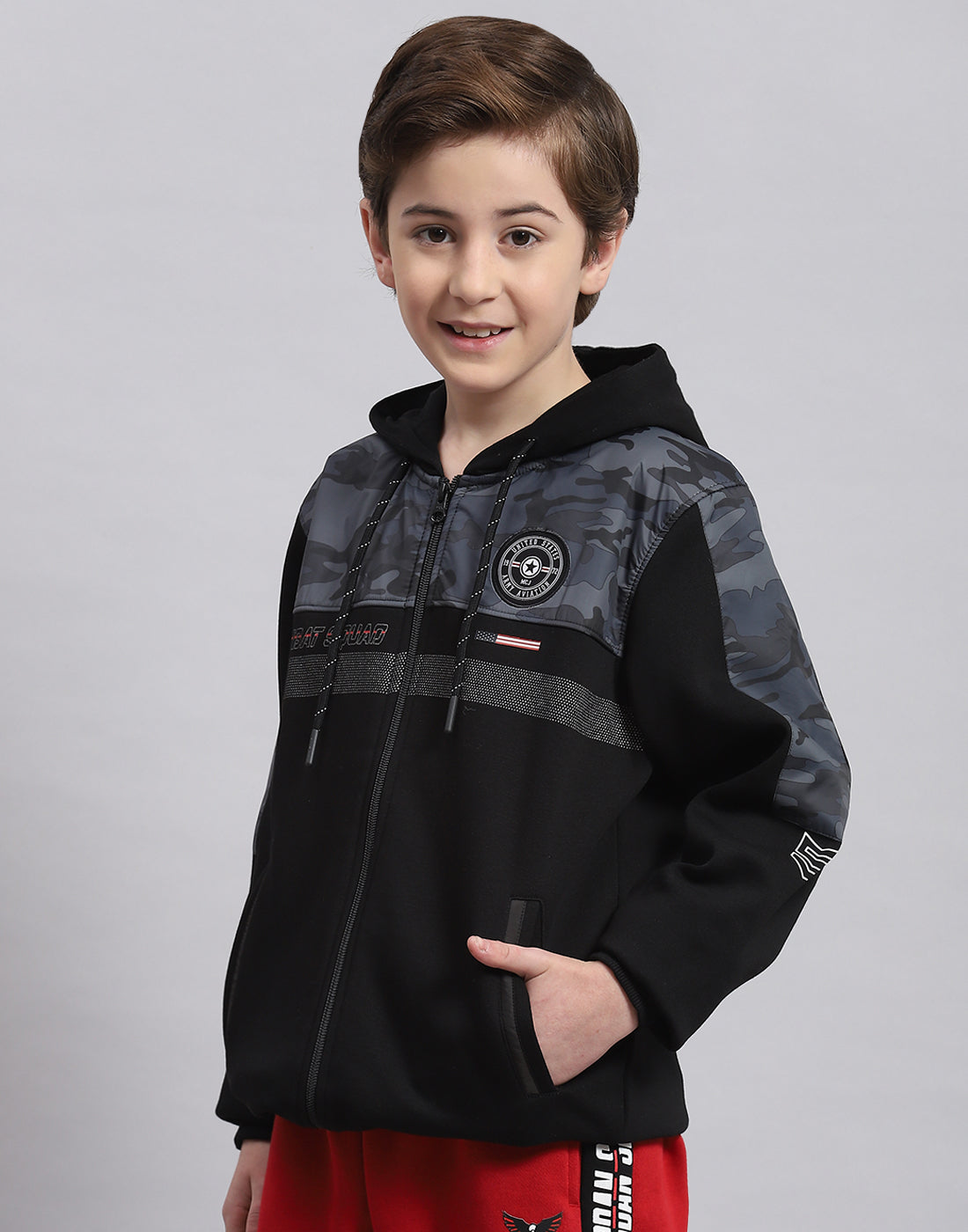 Boys Black Printed Hooded Full Sleeve Sweatshirt