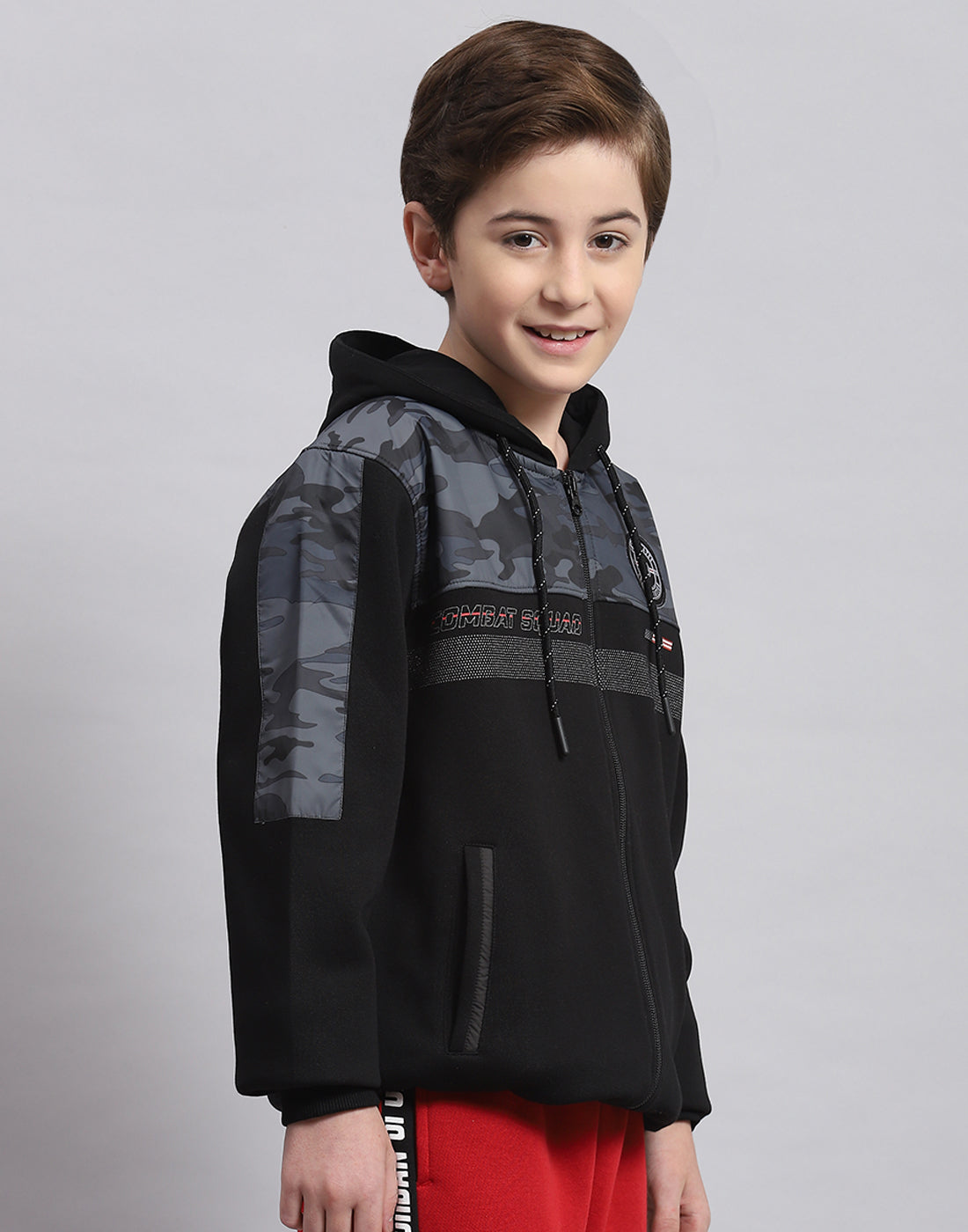 Boys Black Printed Hooded Full Sleeve Sweatshirt