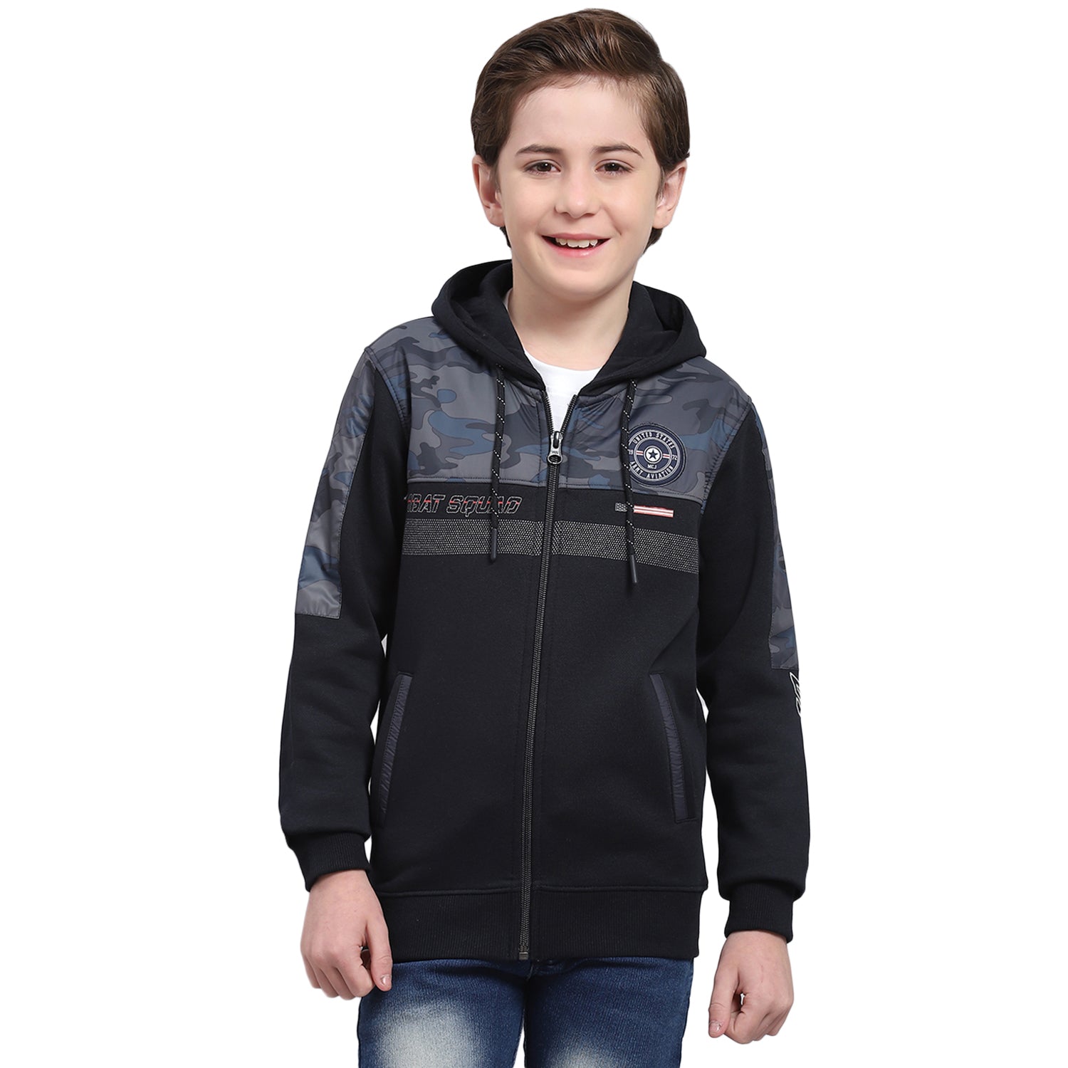 Boys Navy Blue Printed Hooded Full Sleeve Sweatshirt