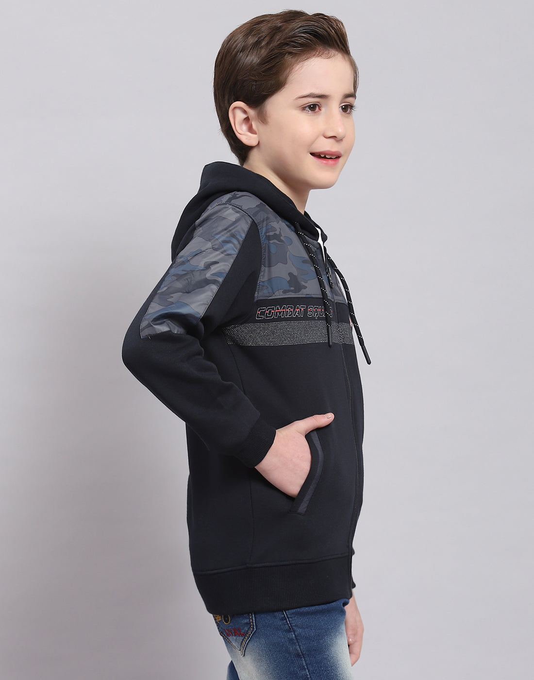 Boys Navy Blue Printed Hooded Full Sleeve Sweatshirt