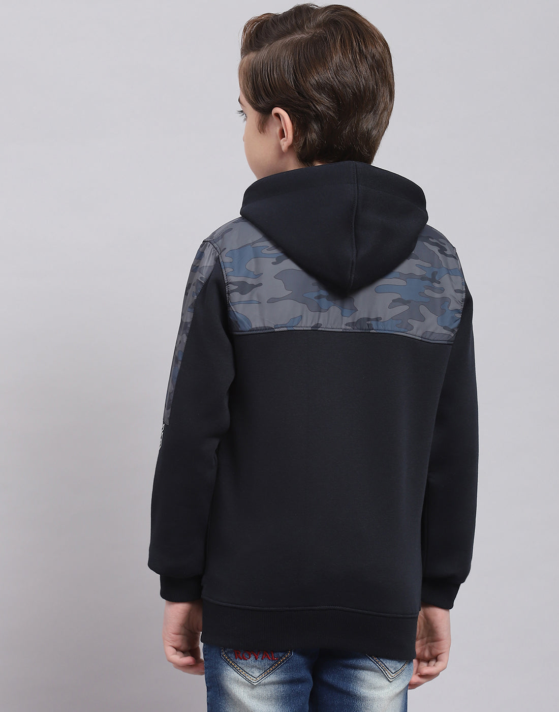 Boys Navy Blue Printed Hooded Full Sleeve Sweatshirt