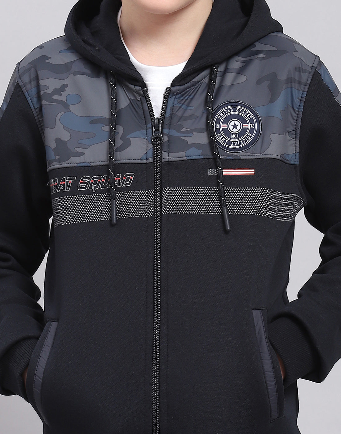 Boys Navy Blue Printed Hooded Full Sleeve Sweatshirt