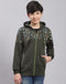 Boys Olive Printed Hooded Full Sleeve Sweatshirt