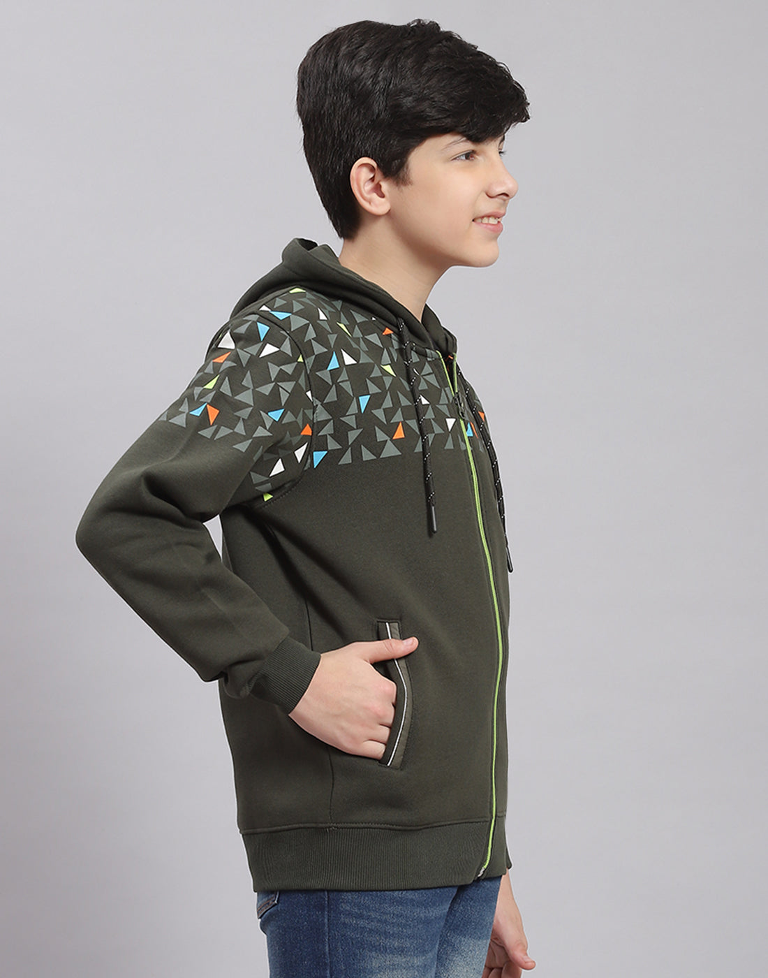 Boys Olive Printed Hooded Full Sleeve Sweatshirt