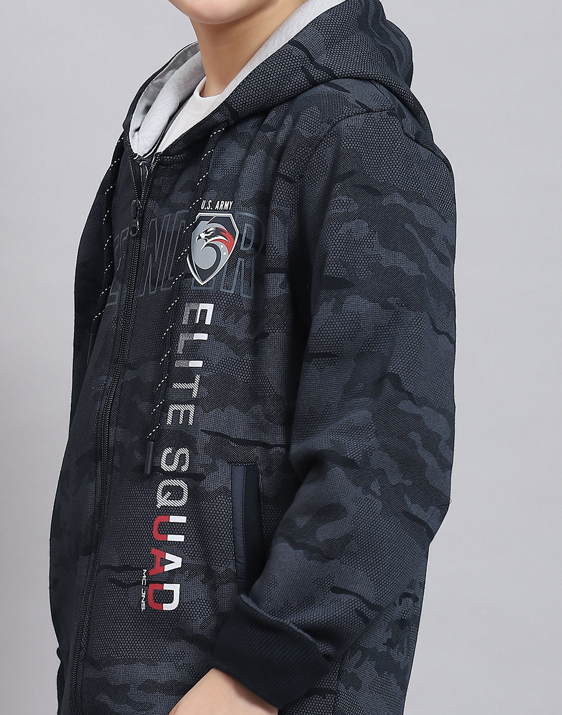 Boys Navy Blue Printed Hooded Full Sleeve Sweatshirt