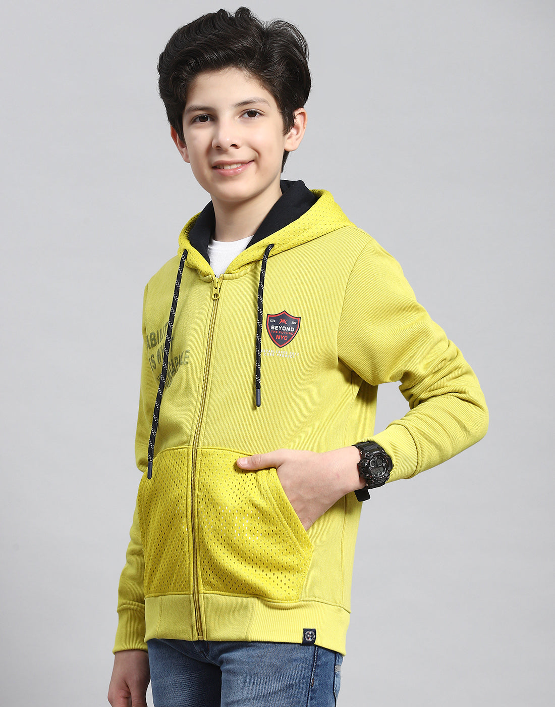 Boys Green Printed Hooded Full Sleeve Sweatshirt