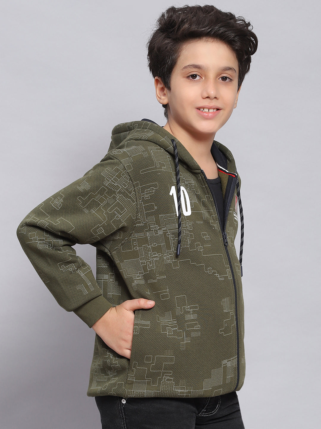 Boys Olive Printed Hooded Full Sleeve Sweatshirt